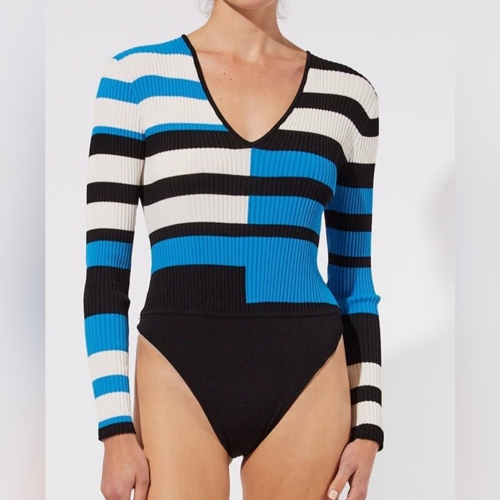 SOLID & STRIPED Blue and Black Striped V-Neck Top small swim